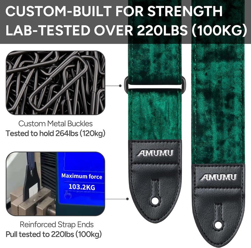 Amumu Flocked Velvet Guitar Strap with Microfiber Leather Ends - Guitar Accessories - Fits Acoustic, Bass and Electric Guitar - Green - Image 2